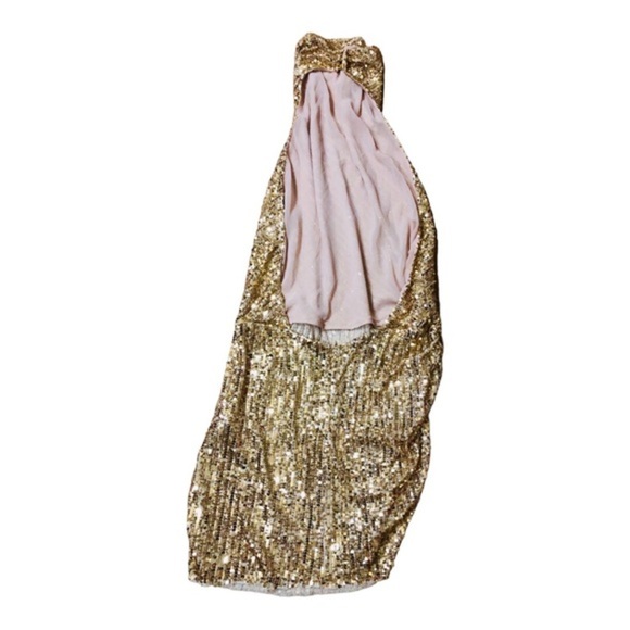 Zara gold sequin open back semi sheer halter blogger favorite mini dress size XL - Picture 10 of 13